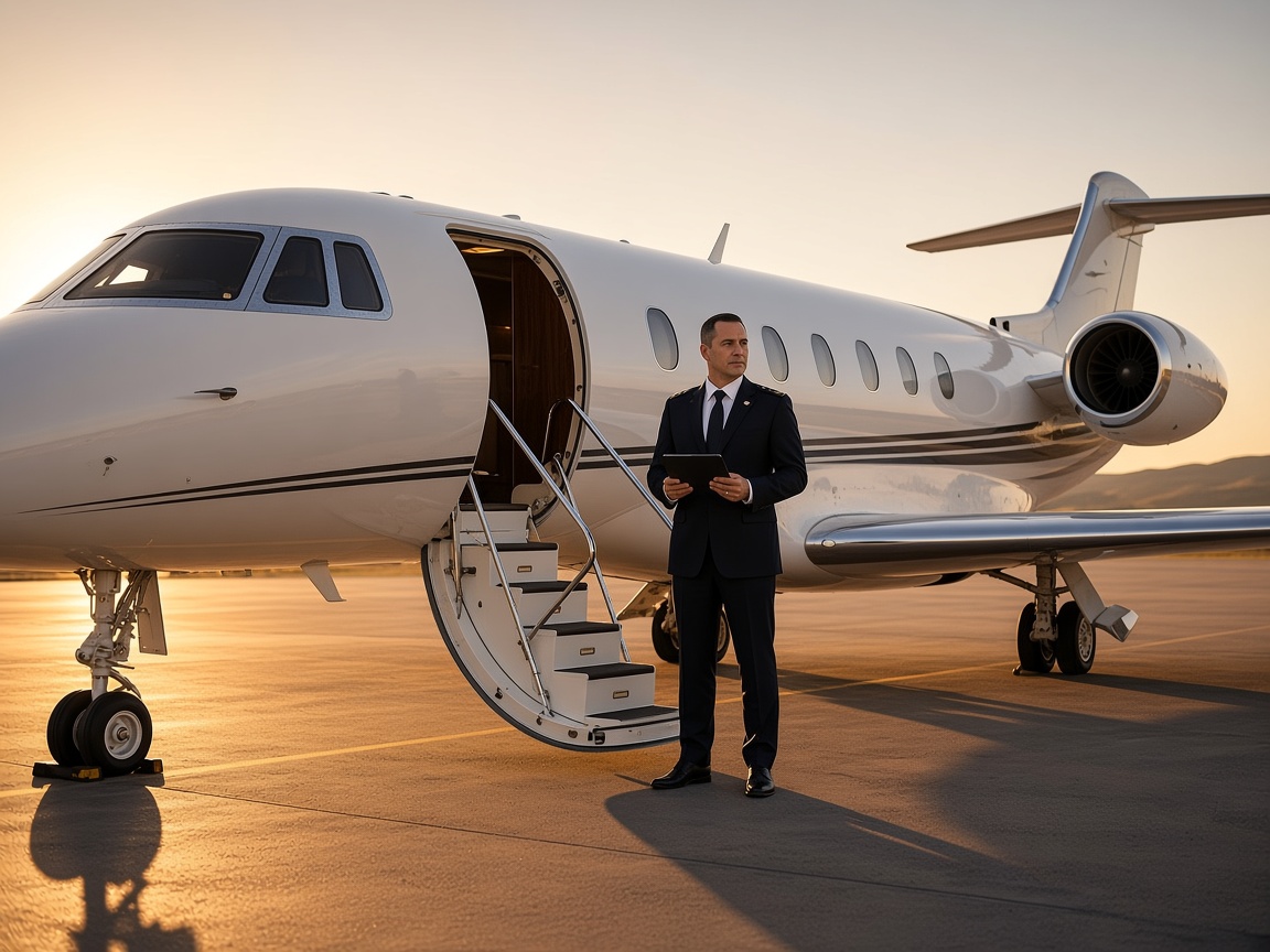 A pilot with a tablet beside a private jet with the cabin door open on the apron