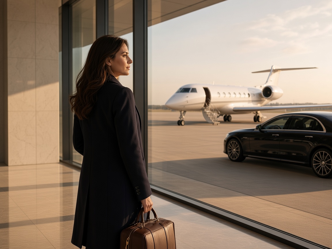 A traveler pauses in a private aviation terminal, looking out at a jet waiting on the apron