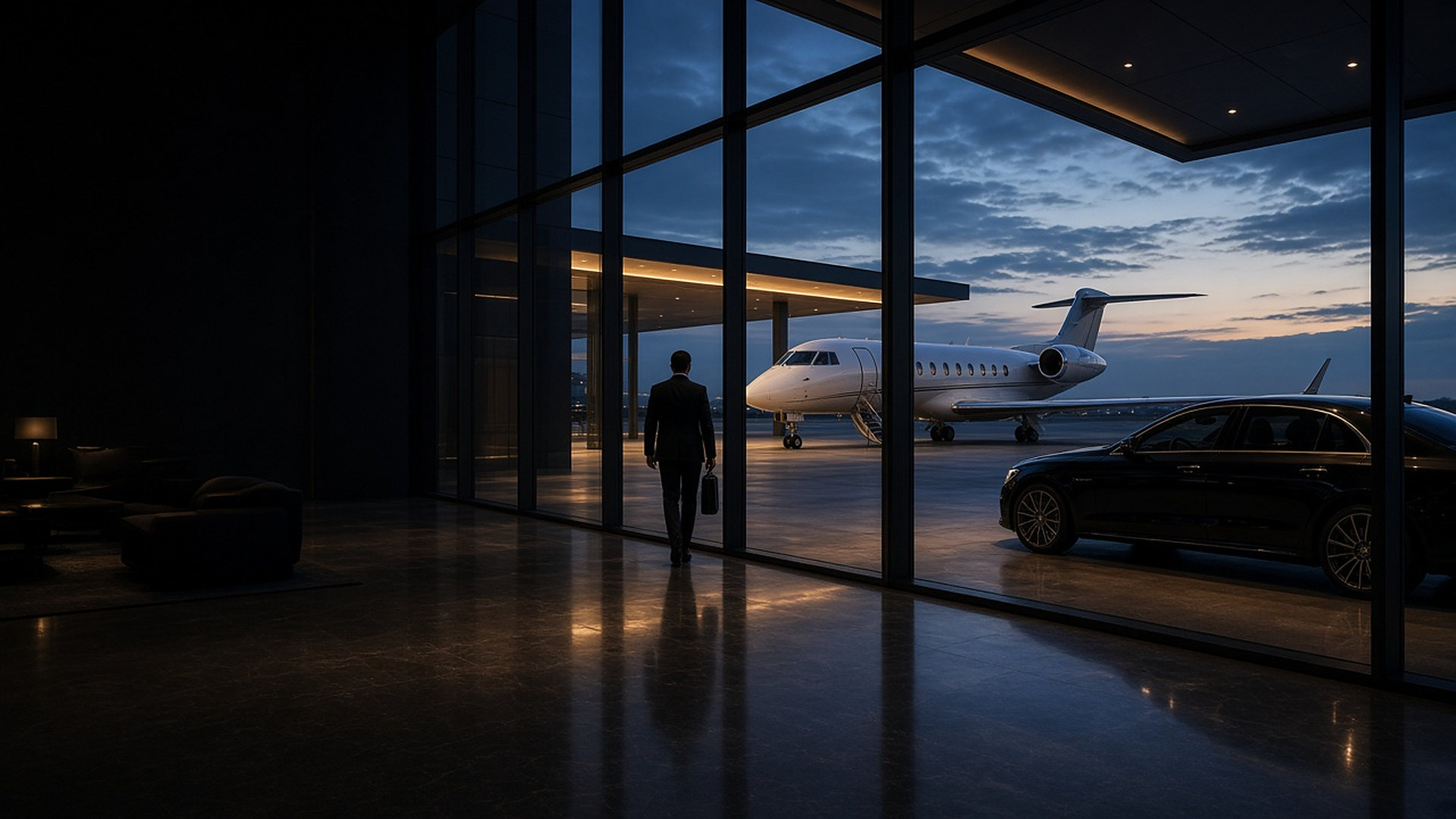 Private aviation terminal at dusk with a jet and a waiting car on the apron