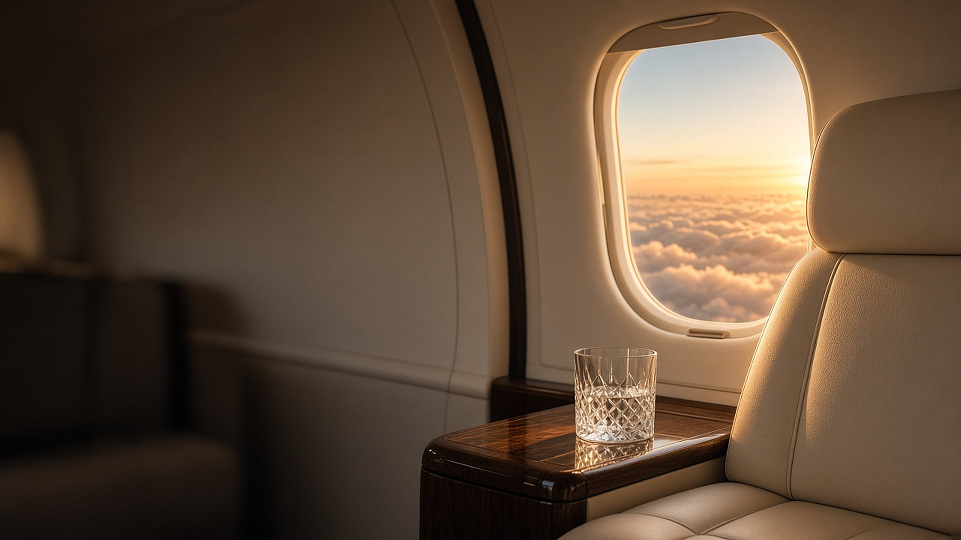 Private jet cabin window at sunset above the clouds