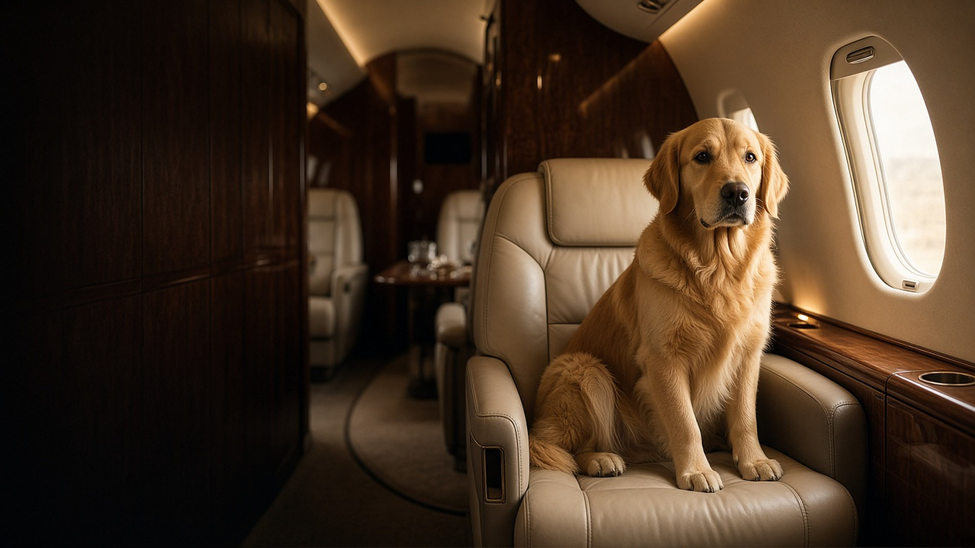 Golden retriever sitting on a leather seat in a private jet cabin