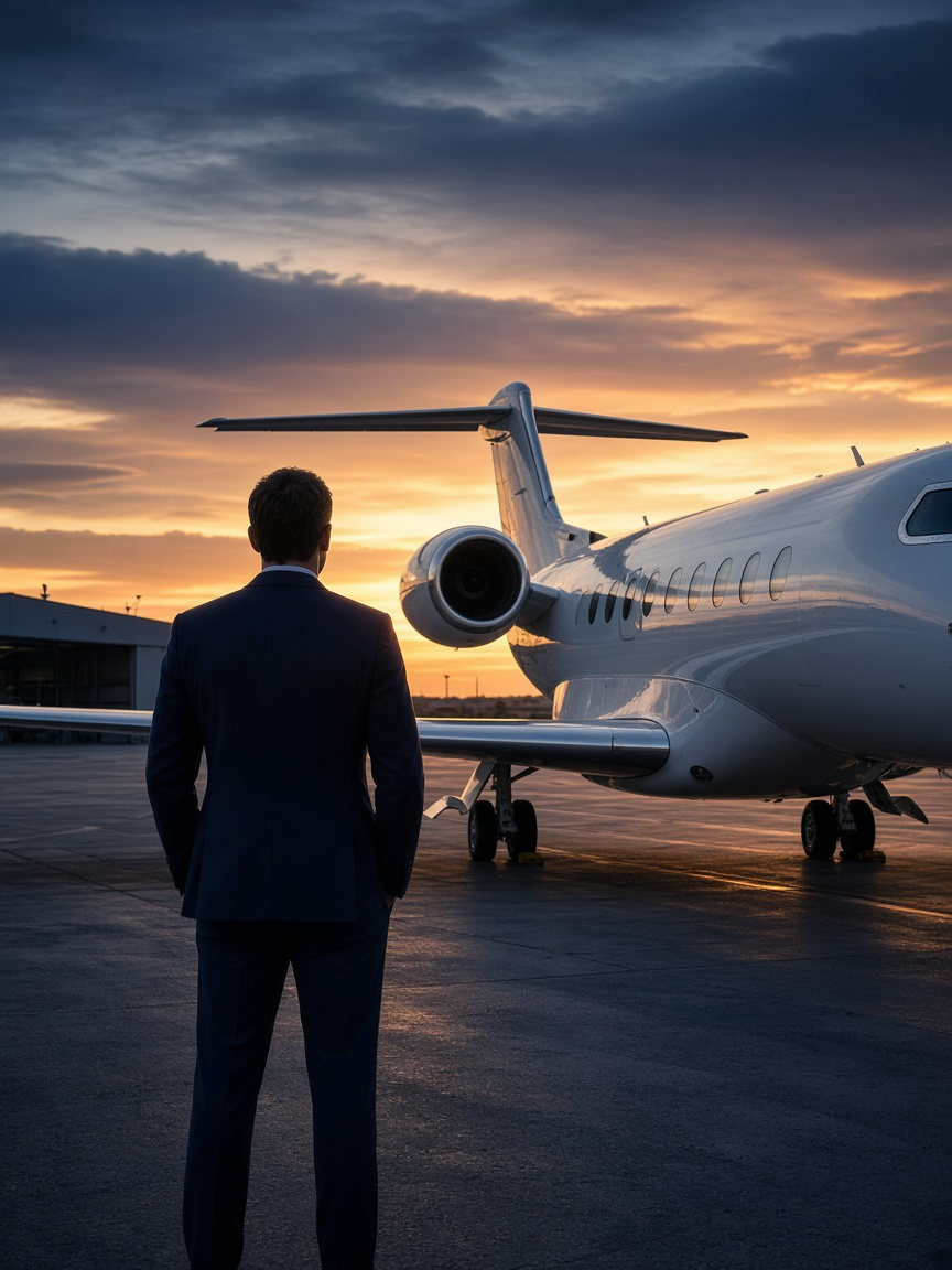 Traveller in a dark suit facing a white private jet on the apron at sunset