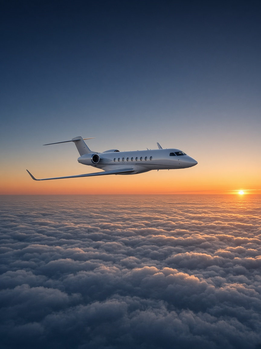 Private jet cruising above the clouds at sunset