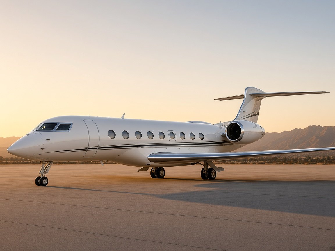 Gulfstream G650 long-range heavy jet parked on an apron at golden hour