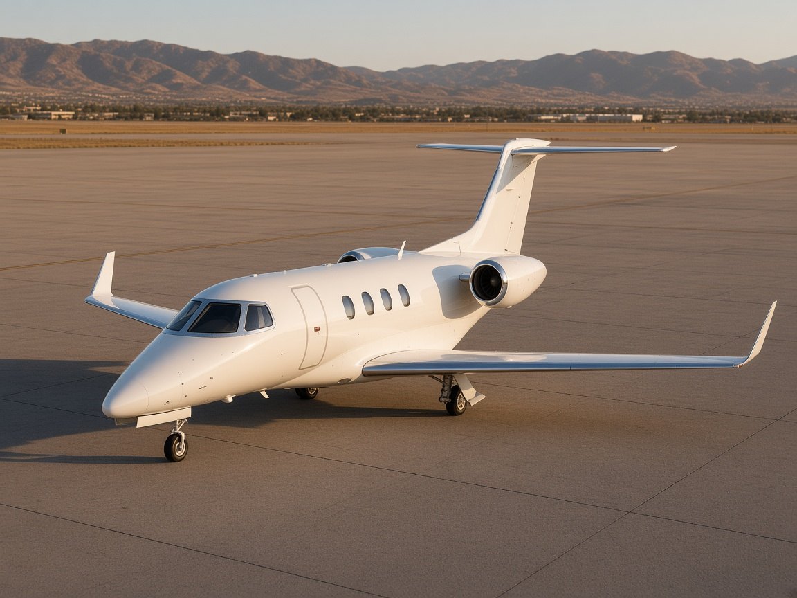 Embraer Phenom 300 light jet parked on an apron at golden hour