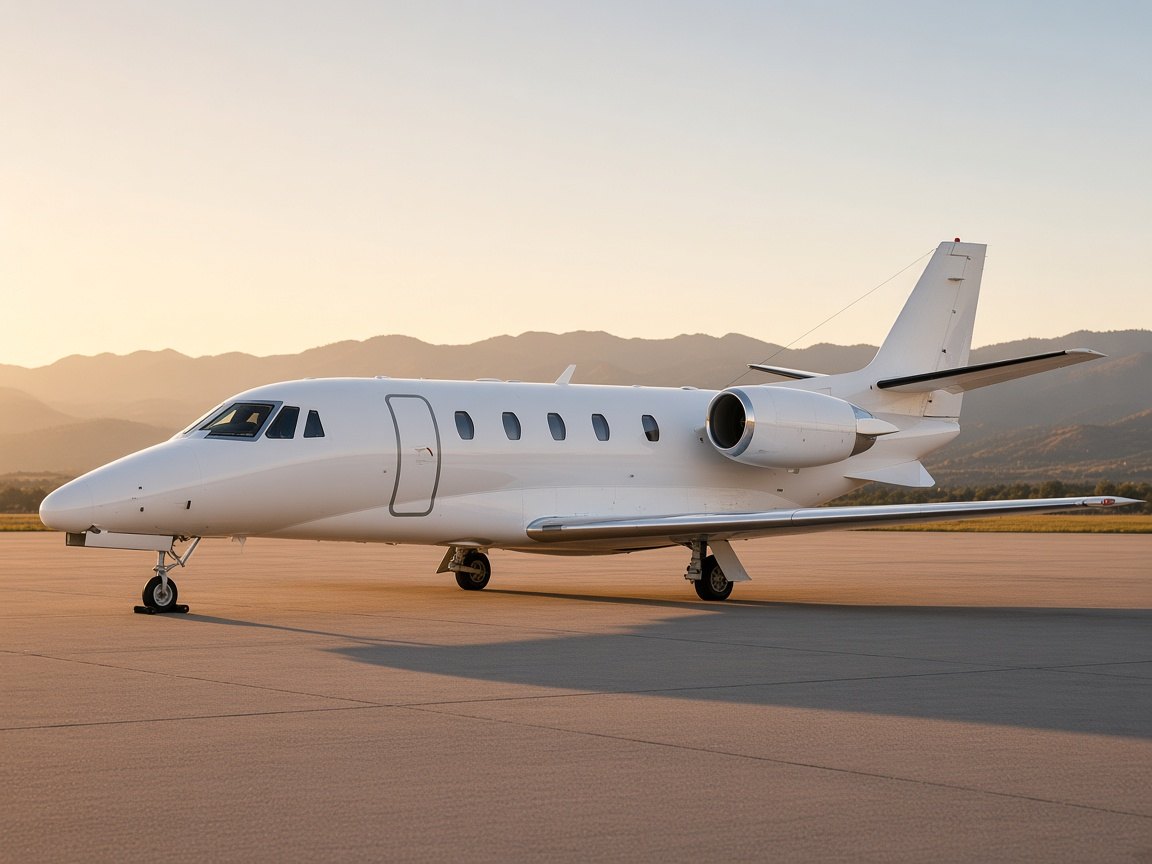 Cessna Citation XLS+ midsize jet parked on an apron at golden hour