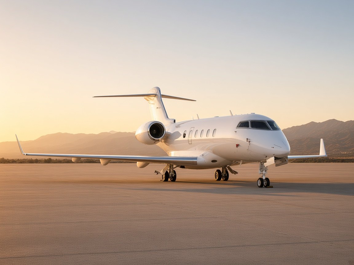 Bombardier Challenger 350 super-midsize jet parked on an apron at golden hour