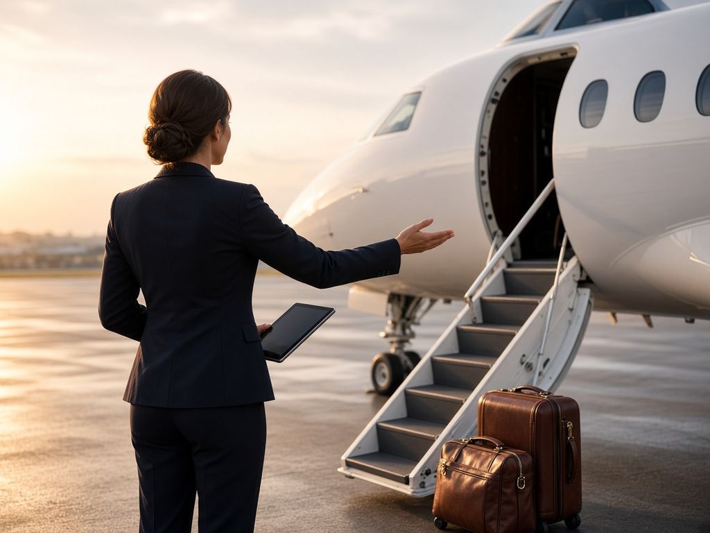 Concierge in a navy suit welcoming a traveller to the stairs of a private jet at dawn