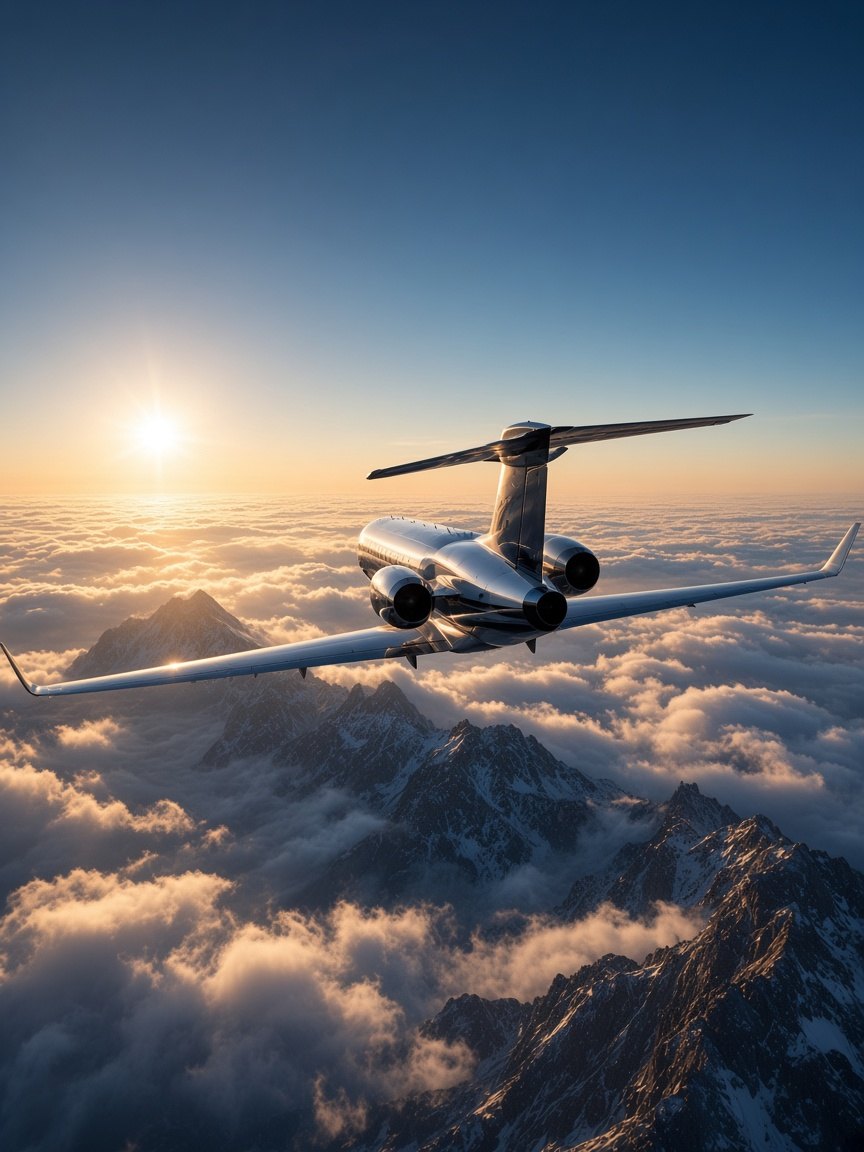 Private jet seen from behind, flying above clouds and mountain peaks at sunset