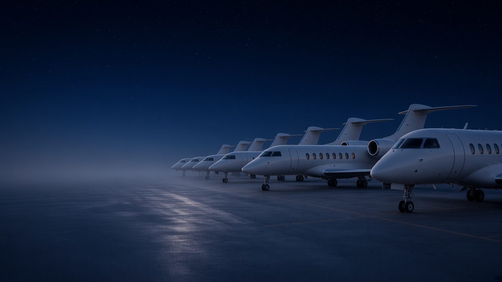 Row of white private jets on a night apron