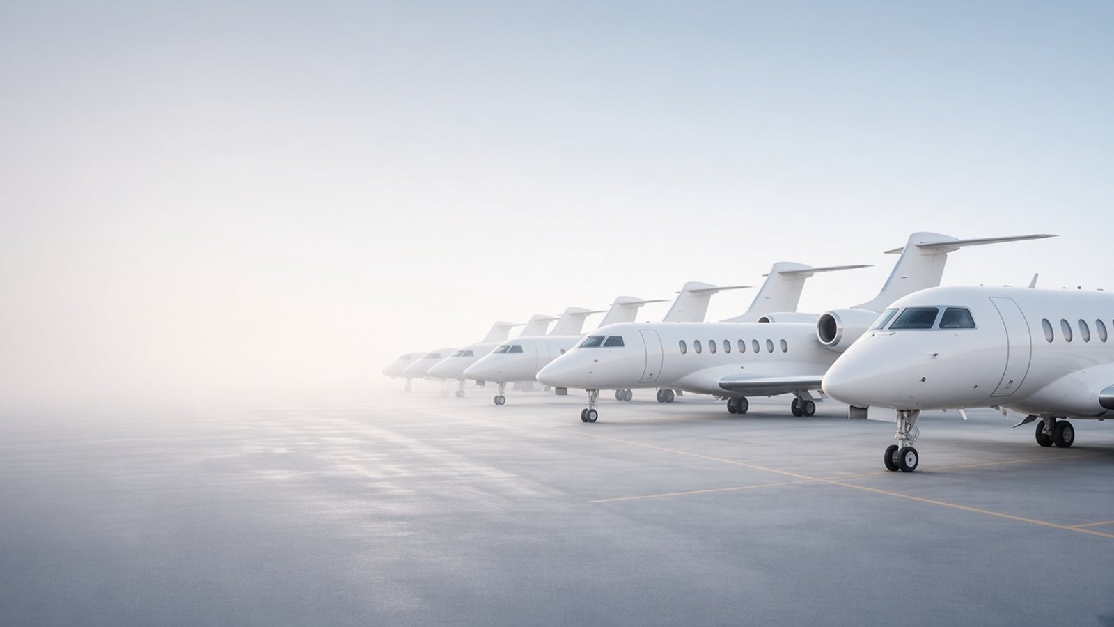 Row of white private jets on a bright cool apron