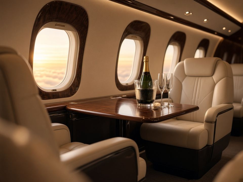 Empty private jet cabin with cream leather seats and a table by the windows at sunset