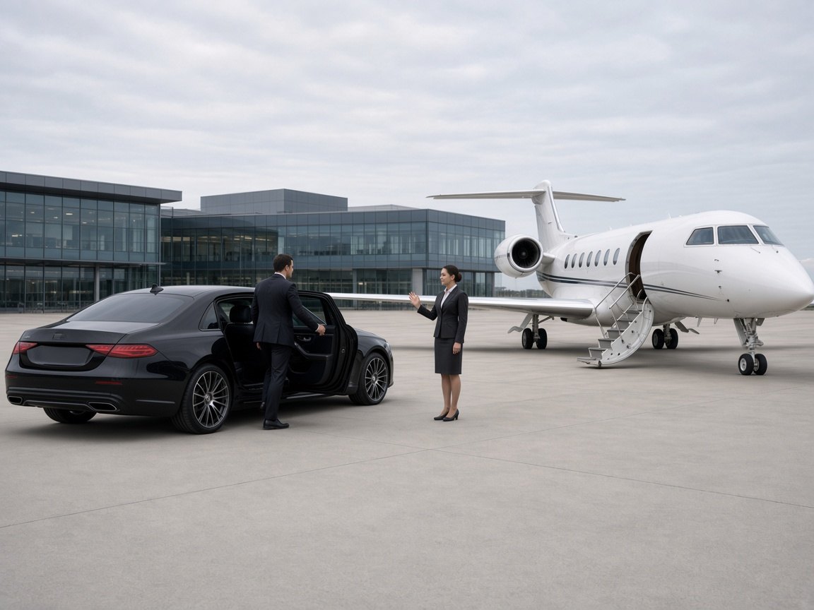 Cabin attendant greeting a passenger beside a black sedan and a private jet at a business aviation terminal