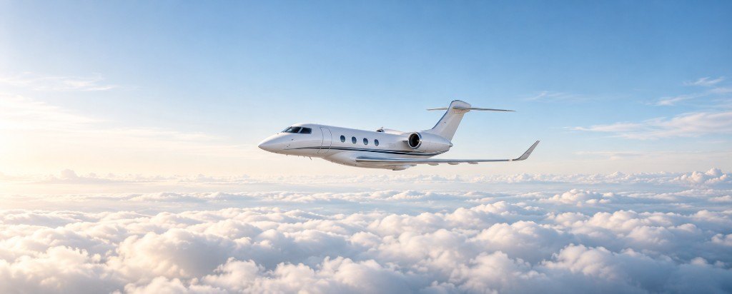 Private jet flying above the clouds
