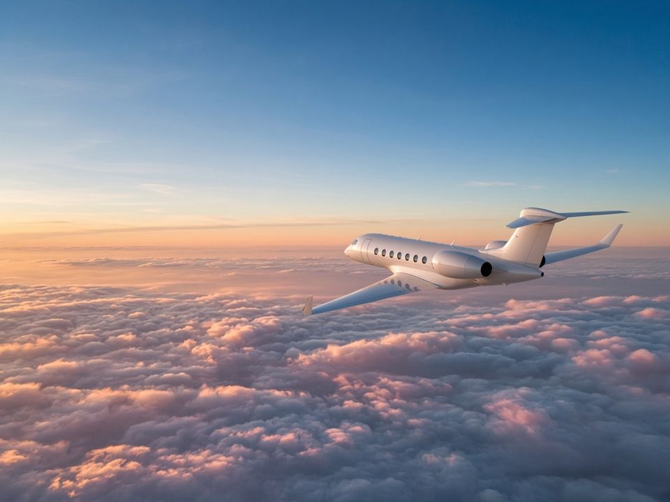 White private jet cruising above a sea of clouds at sunset