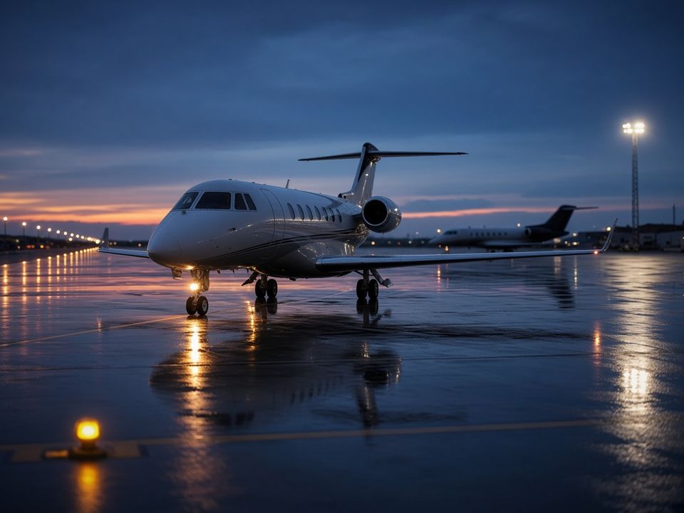 Private jet on a wet apron at blue hour with runway lights and a second jet behind
