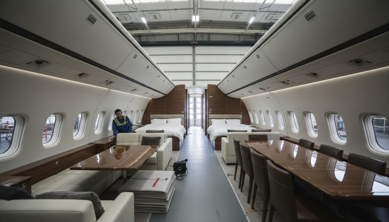 Interior of a large, luxurious private jet, an ACJ320neo, stretched out within a brightly lit hangar. Multiple seating areas and lounges are visible along the long cabin, with a pe