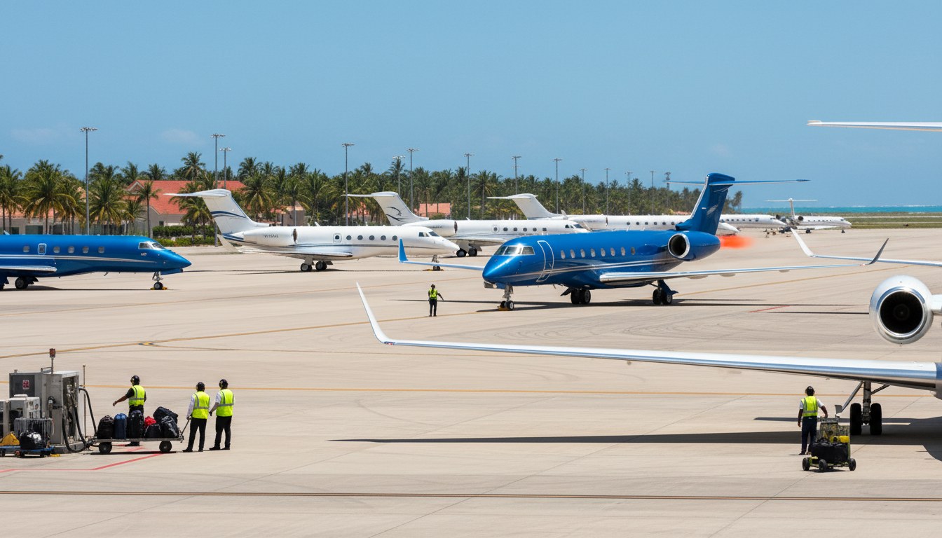 A wide shot of a bustling private jet ramp at a sunny Caribbean airport. Several luxury business jets are parked or taxiing, with ground crew visible. Palm trees line the backgroun