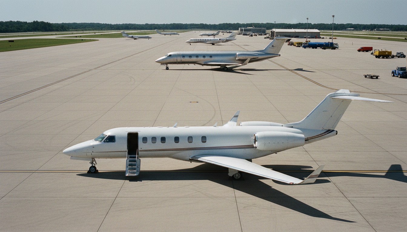 A wide, eye-level photograph of a busy general aviation airport apron under clear skies. Several business jets of different sizes are visible, parked at various points across the e
