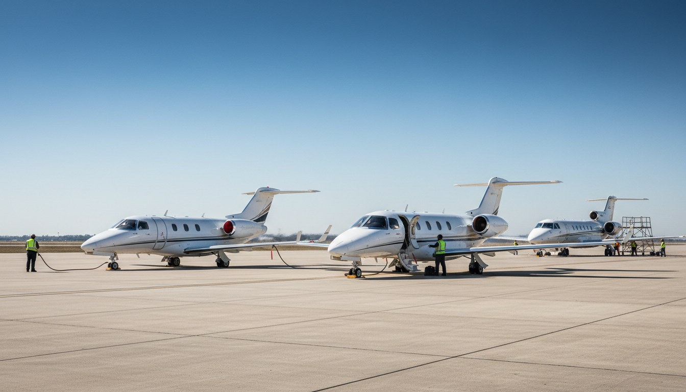 A photograph showing several sleek, modern light business jets active on a bright airport ramp, with a larger, slightly older business jet visible further back and less active, hin