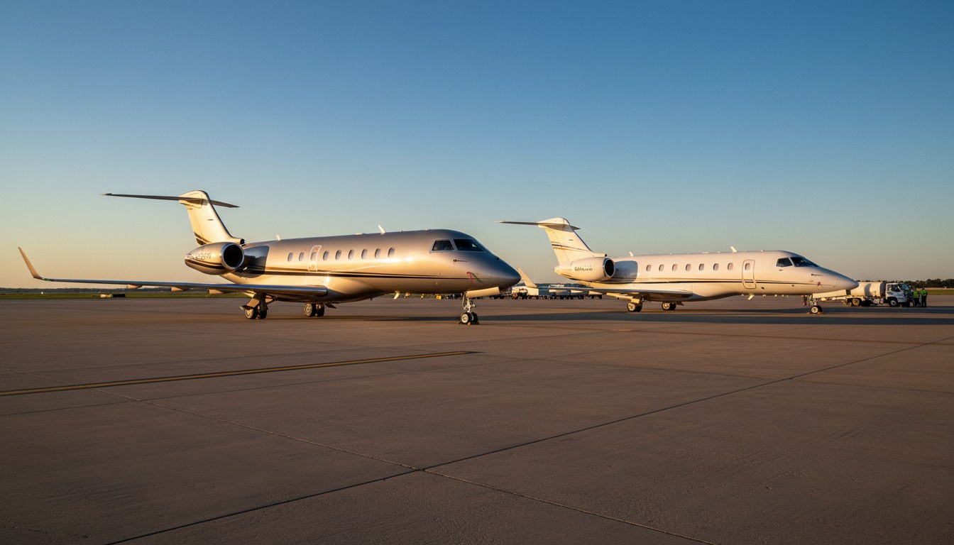 A Embraer Praetor 600 and a Citation Longitude jet parked side-by-side on an airport ramp during golden hour. The Praetor appears slightly larger and more voluminous.