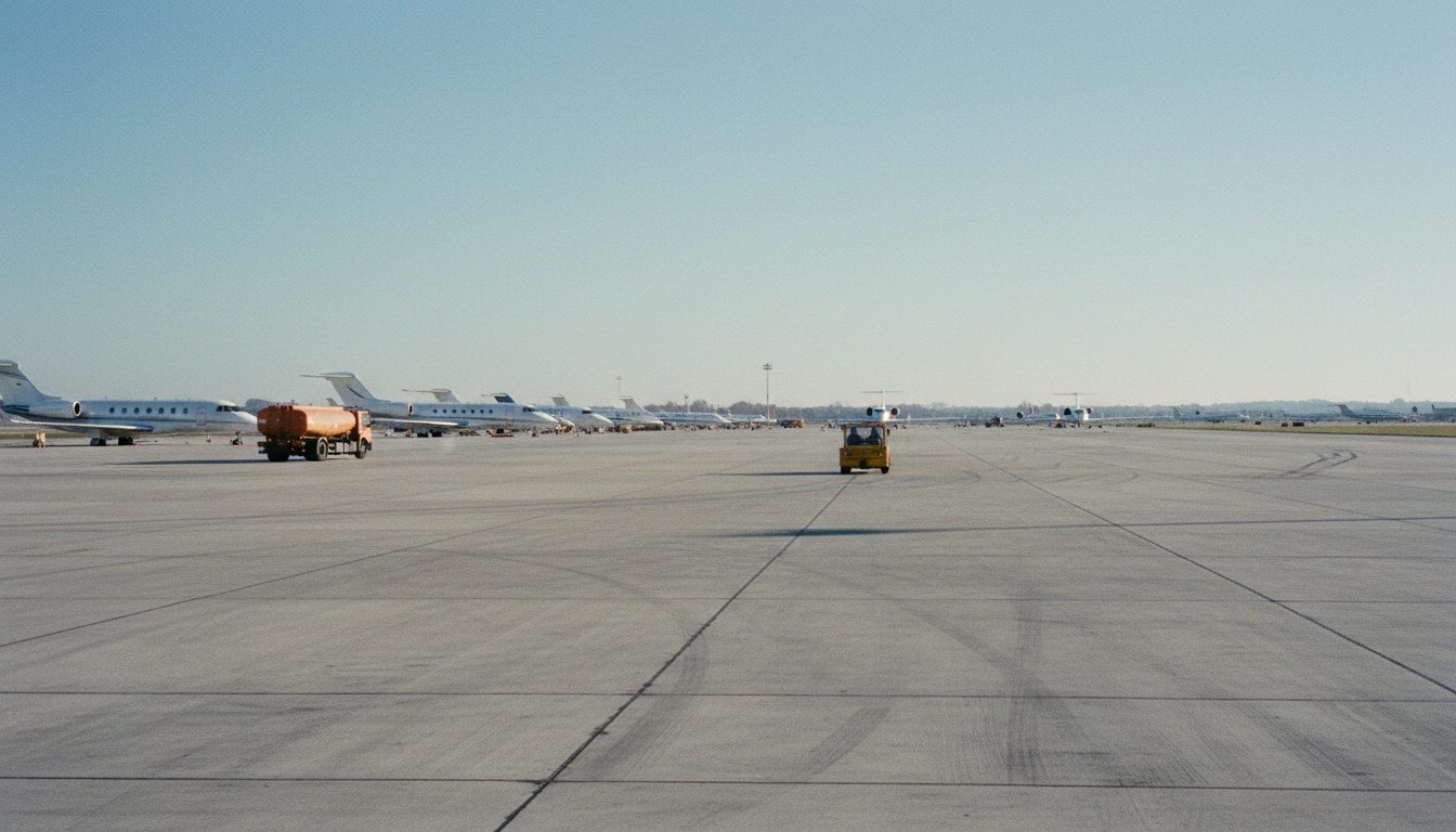 A wide shot of a surprisingly empty business jet apron at a large European airport, conveying a sense of reduced activity or missing aircraft movements.