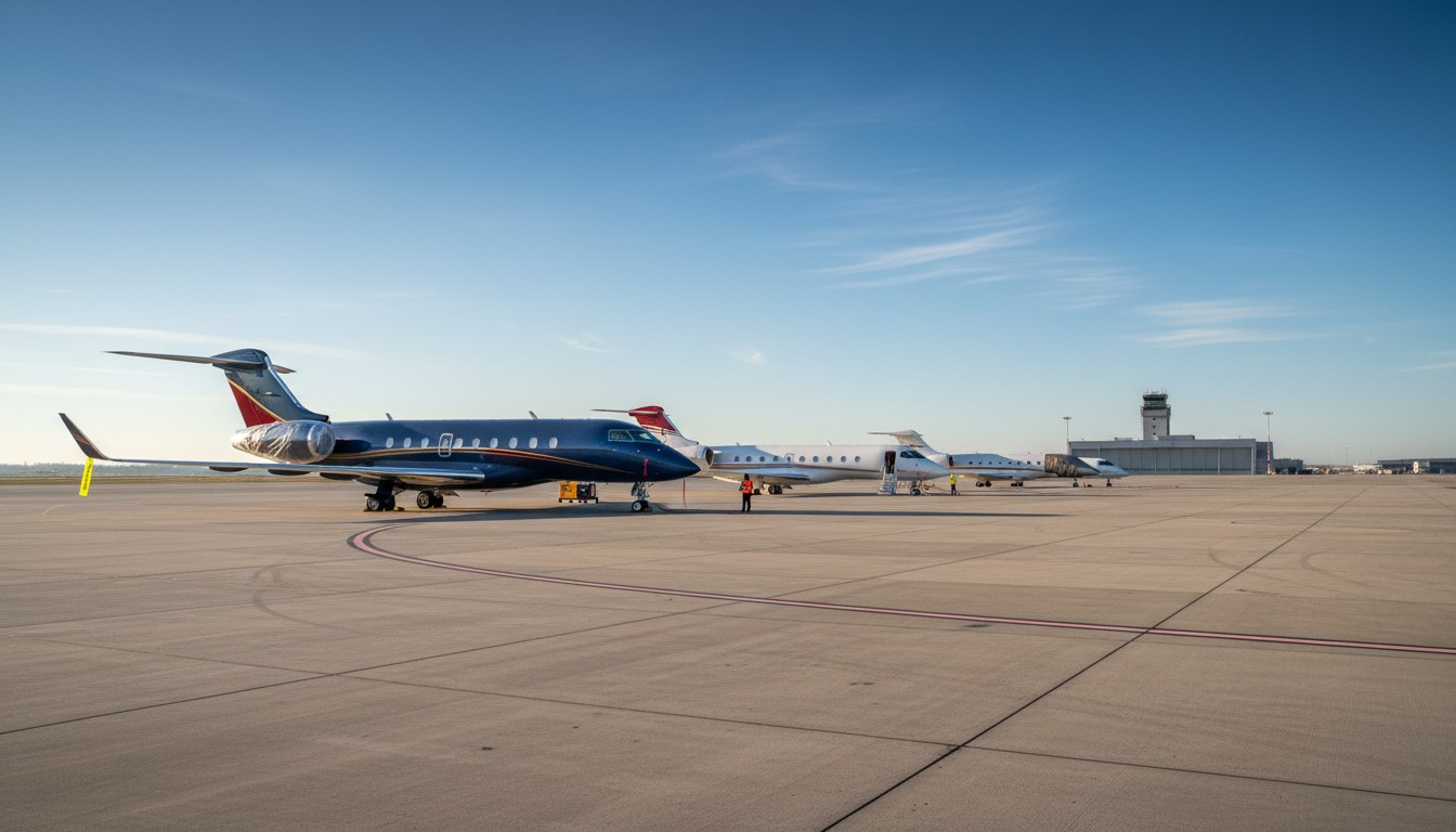 A long line of various business jets parked on an airport apron under a clear sky, suggesting a temporary staging area for many aircraft.