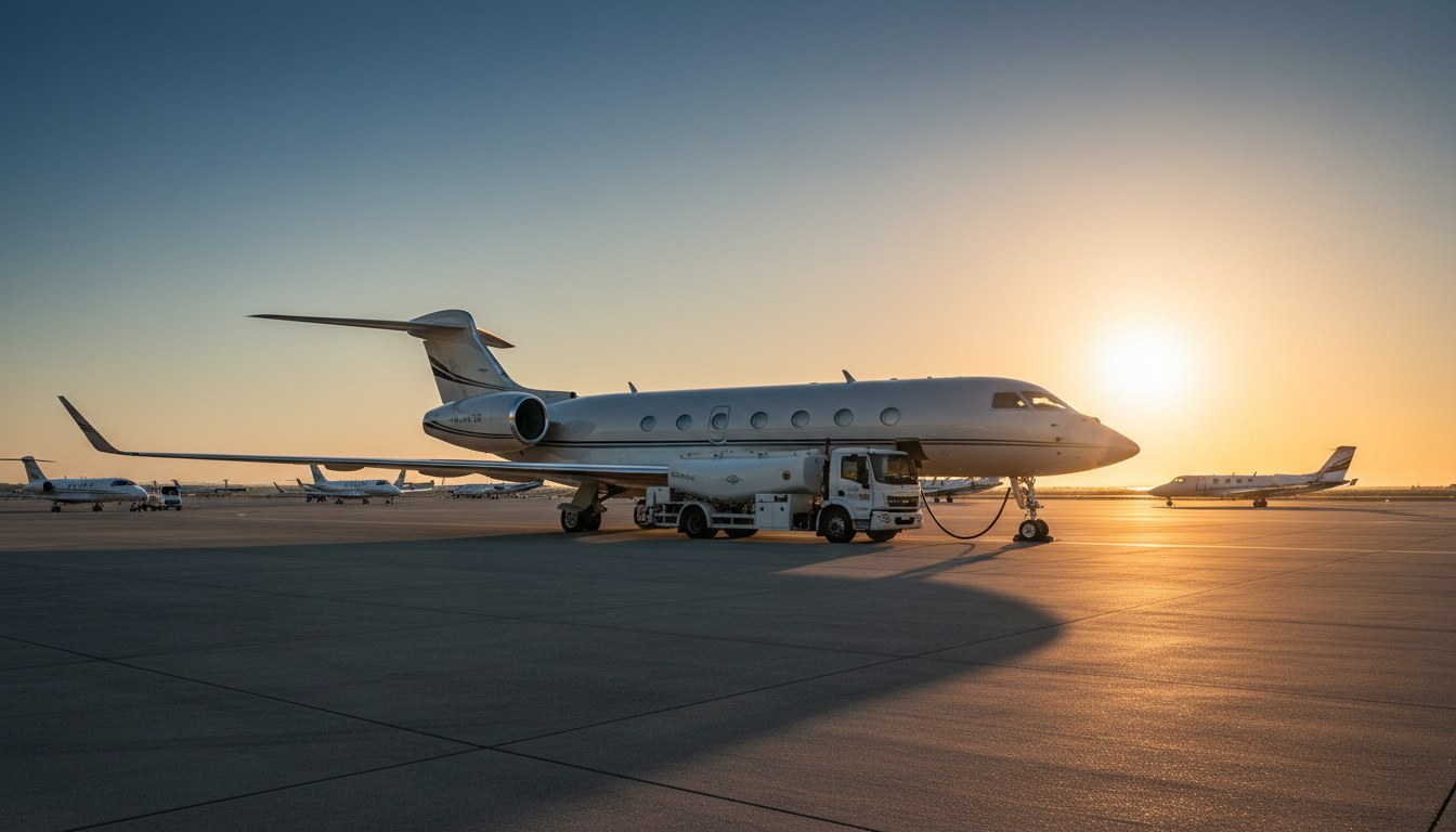 A large, sleek private jet is being fueled at an airport. The sun is setting behind it, casting a warm glow. A fuel truck is next to the aircraft, and other jets are visible in the