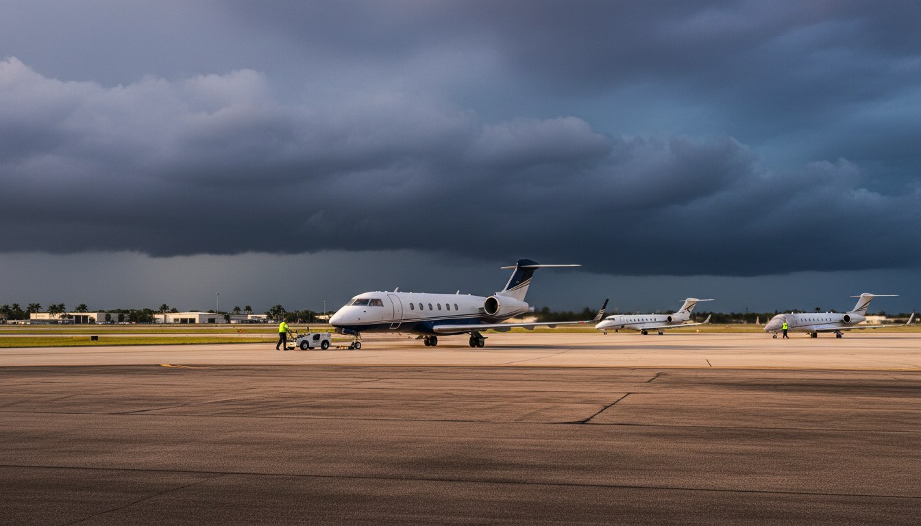 A wide-angle photo of a busy airport ramp in Florida under a dark, stormy sky. Several business jets are being prepared for departure, with ground crew moving urgently around them.