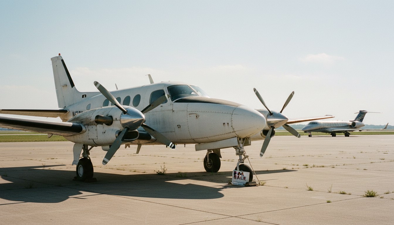 A small, older turboprop airplane sits dejectedly on a quiet, sunlit airport ramp, a subtle 'For Sale' sign hinting at its fate. In the distance, a sleeker, modern business jet ope