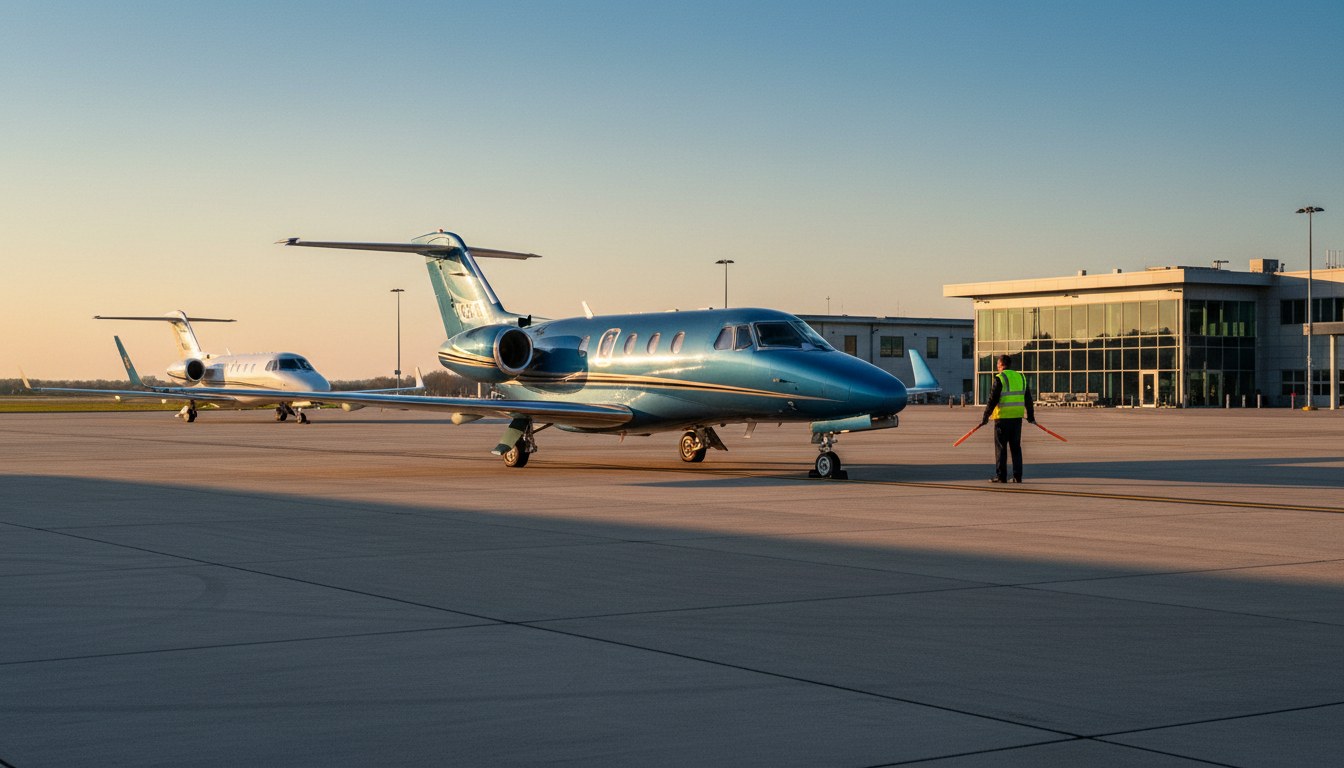 A Citation XLS+ business jet is being guided by a ground crew member onto a spacious apron at a regional airport. Another identical jet is parked further back, under a clear late a
