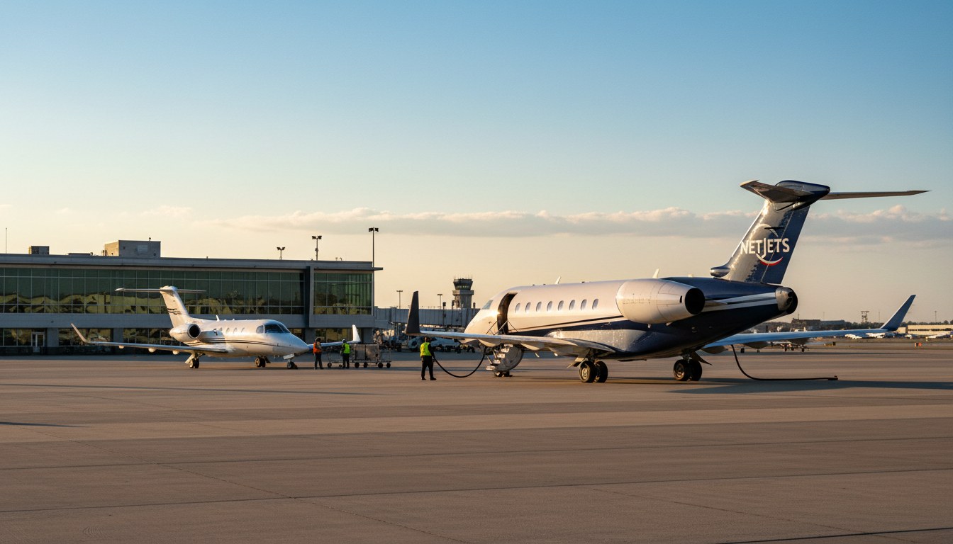 A NetJets business jet parked on a bustling airport ramp in the late afternoon. Ground crew attends to it while a smaller, unbranded charter jet is visible in the background, also