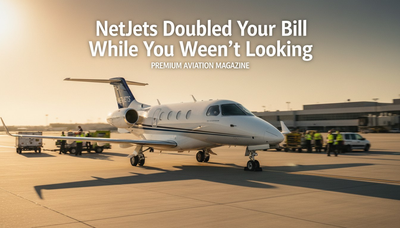 A NetJets business jet, likely a Phenom 300, gleaming on an FBO tarmac in the late afternoon sun. Around it, various ground service vehicles and personnel are moving, intentionally