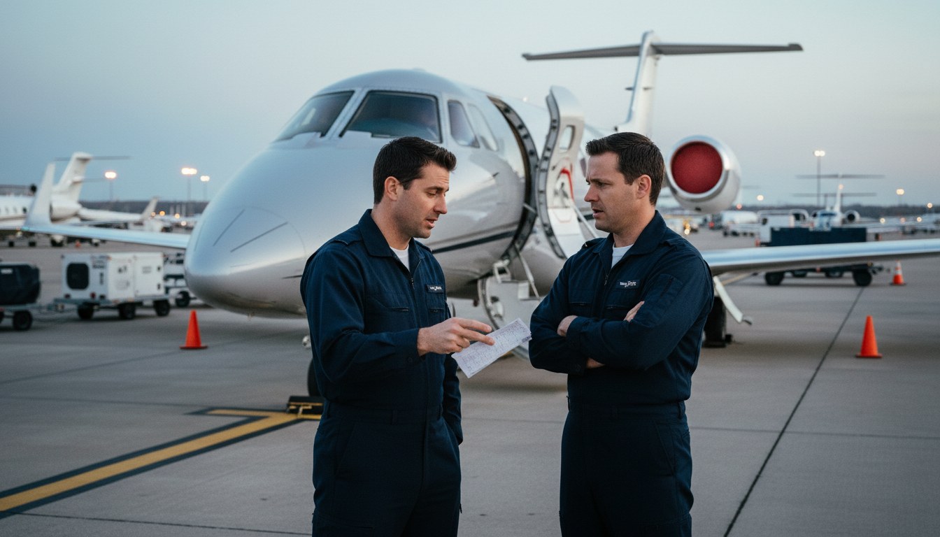 Two tired-looking pilots in uniform stand on a tarmac next to a private jet, appearing to discuss something intensely near the open cabin door. The scene suggests a scheduling conf