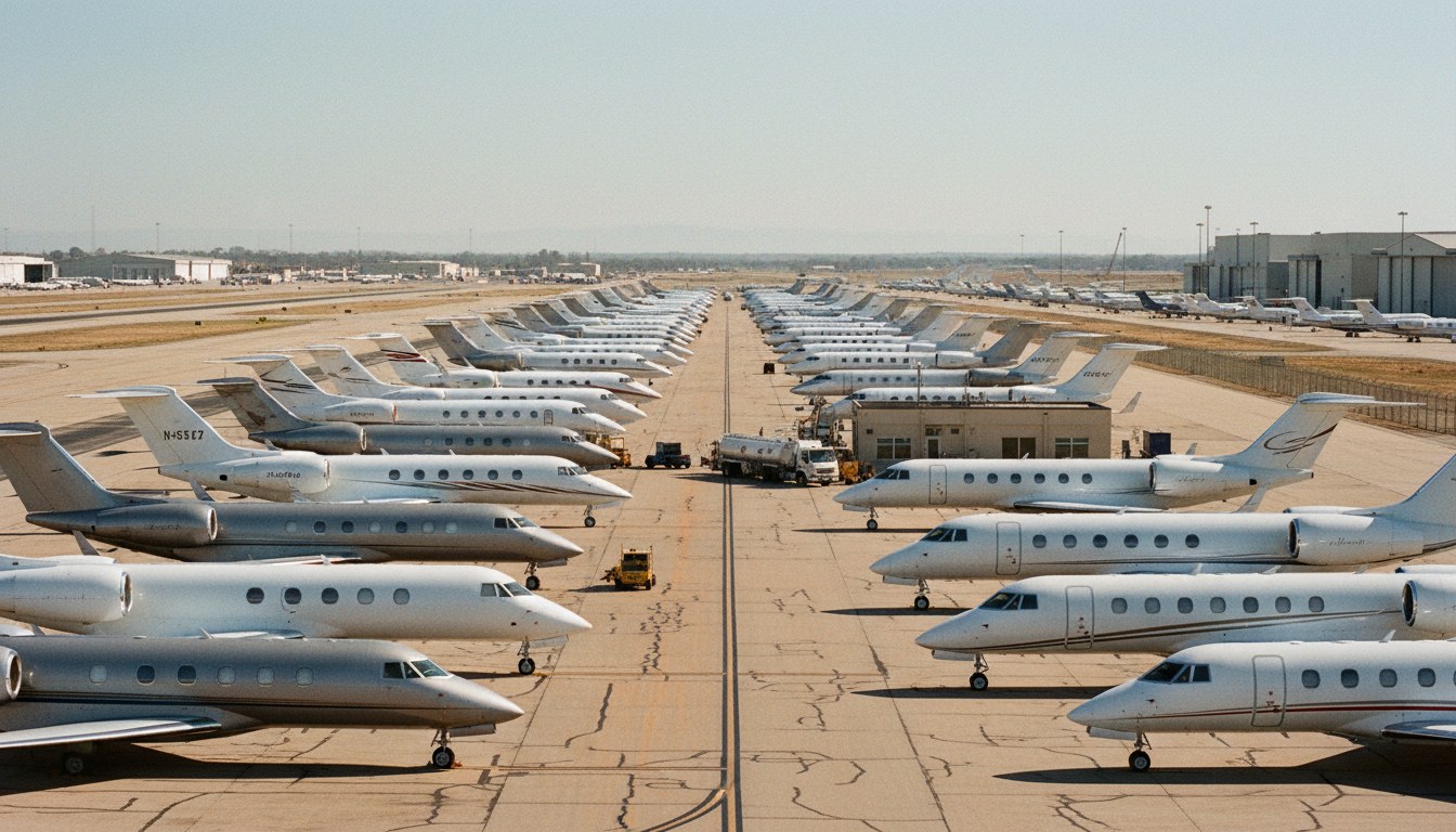 An aerial-like view of a small airport's tarmac completely filled with parked private jets, so densely packed that movement appears impossible. The scene conveys a sense of overwhe