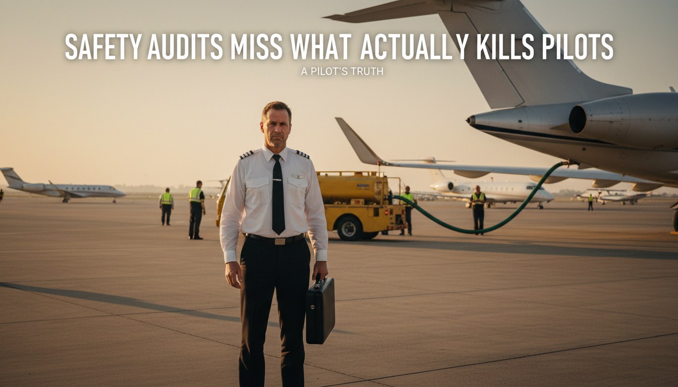A tired-looking charter pilot in uniform stands on a sunlit airport ramp next to a modern business jet. The background shows FBO activity. The pilot holds a briefcase.