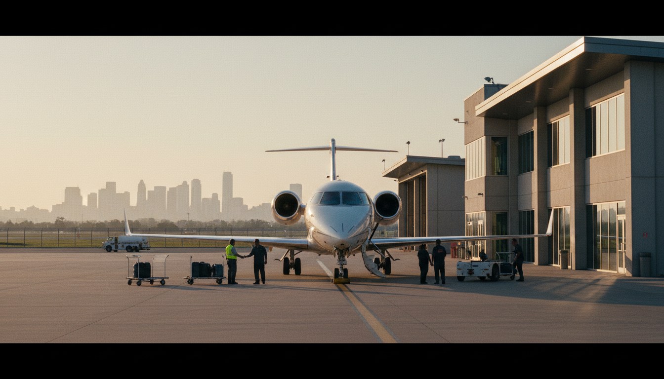 A photograph taken at a busy regional airport during late afternoon. A mid-sized corporate jet is parked on the tarmac near a modern FBO building. Ground crew are visible, indicati