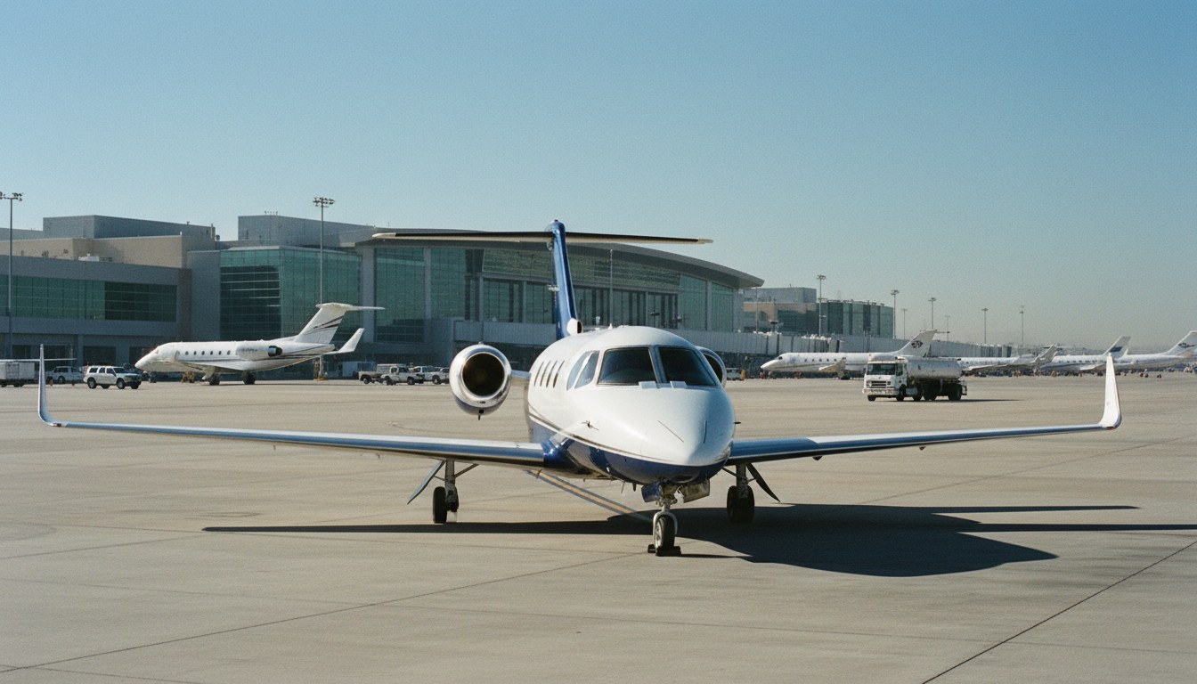A Citation CJ series light jet parked on a bustling tarmac at a large FBO, with a modern terminal building in the background. The scene suggests a busy and potentially expensive ai