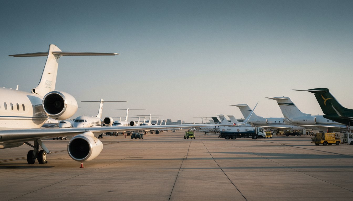 A busy airport ramp at Teterboro, showing multiple private jets and one turboprop lined up, with ground vehicles, implying a full capacity.