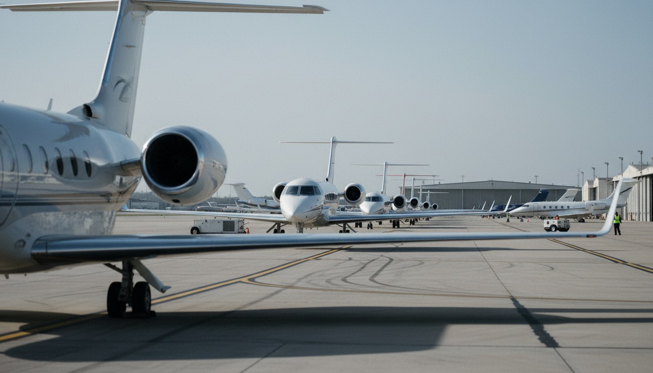 A telephoto shot down a long, tightly parked line of diverse private jets on a Teterboro airport ramp under hazy afternoon light, conveying a sense of crowded space and established