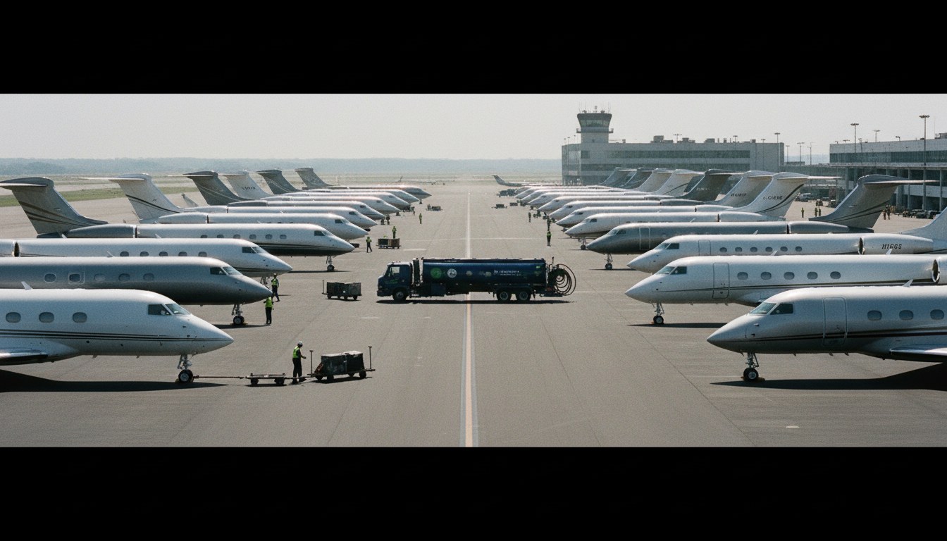 A congested airport ramp at Teterboro, showing numerous large private jets parked closely together under a bright, hazy sky, with a fuel truck maneuvering between them, illustratin