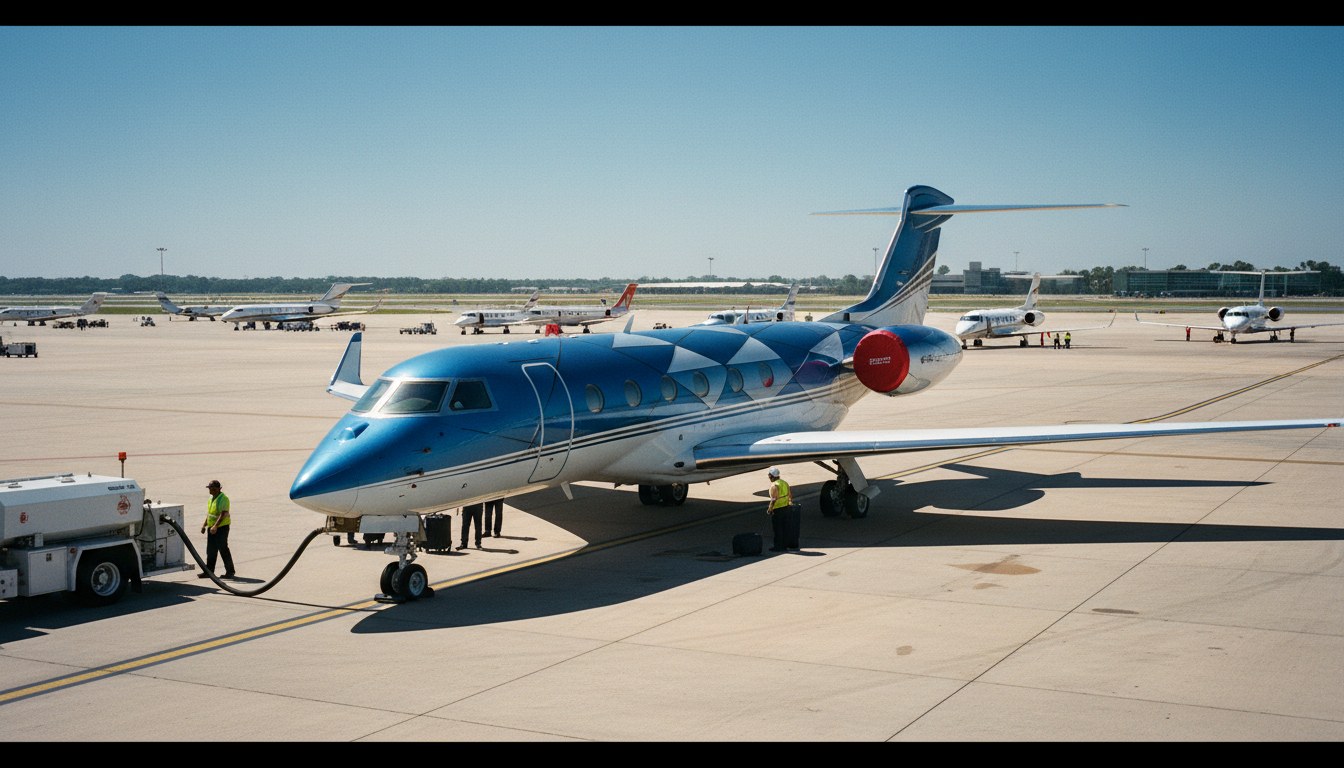A sleek Gulfstream G650 business jet parked on a bustling airport ramp under bright midday sun, with ground crew and a fuel truck nearby. Other private jets are visible in the back