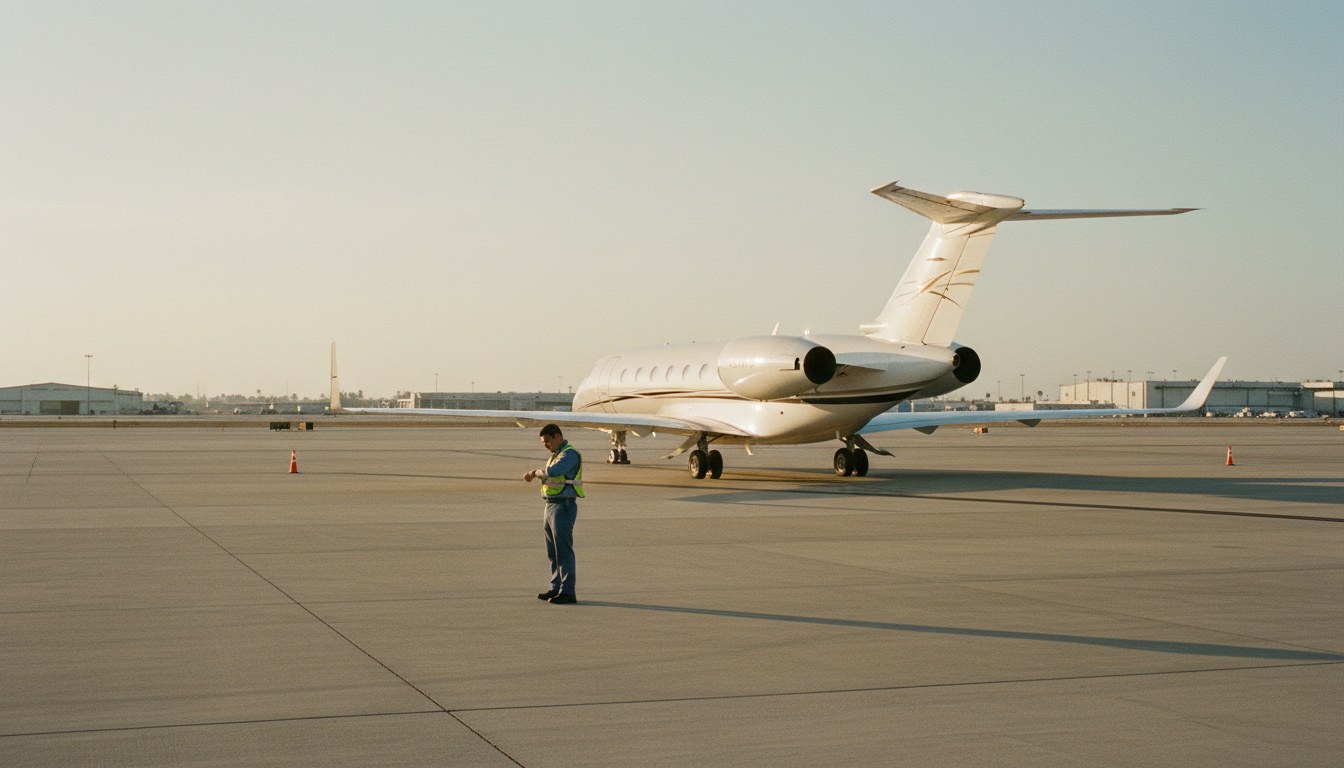 An empty business jet sits on a sunlit tarmac at a regional airport, with a single ground crew member observing it. The scene conveys a sense of stillness and readiness, hinting at