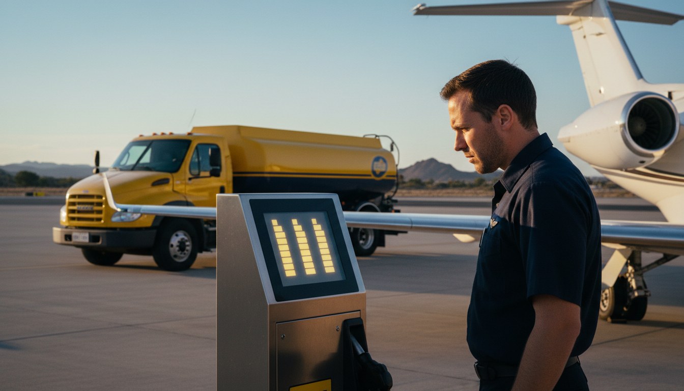 A pilot standing on an airport apron looking dismayed at a fuel pump, with a large fuel truck behind them.