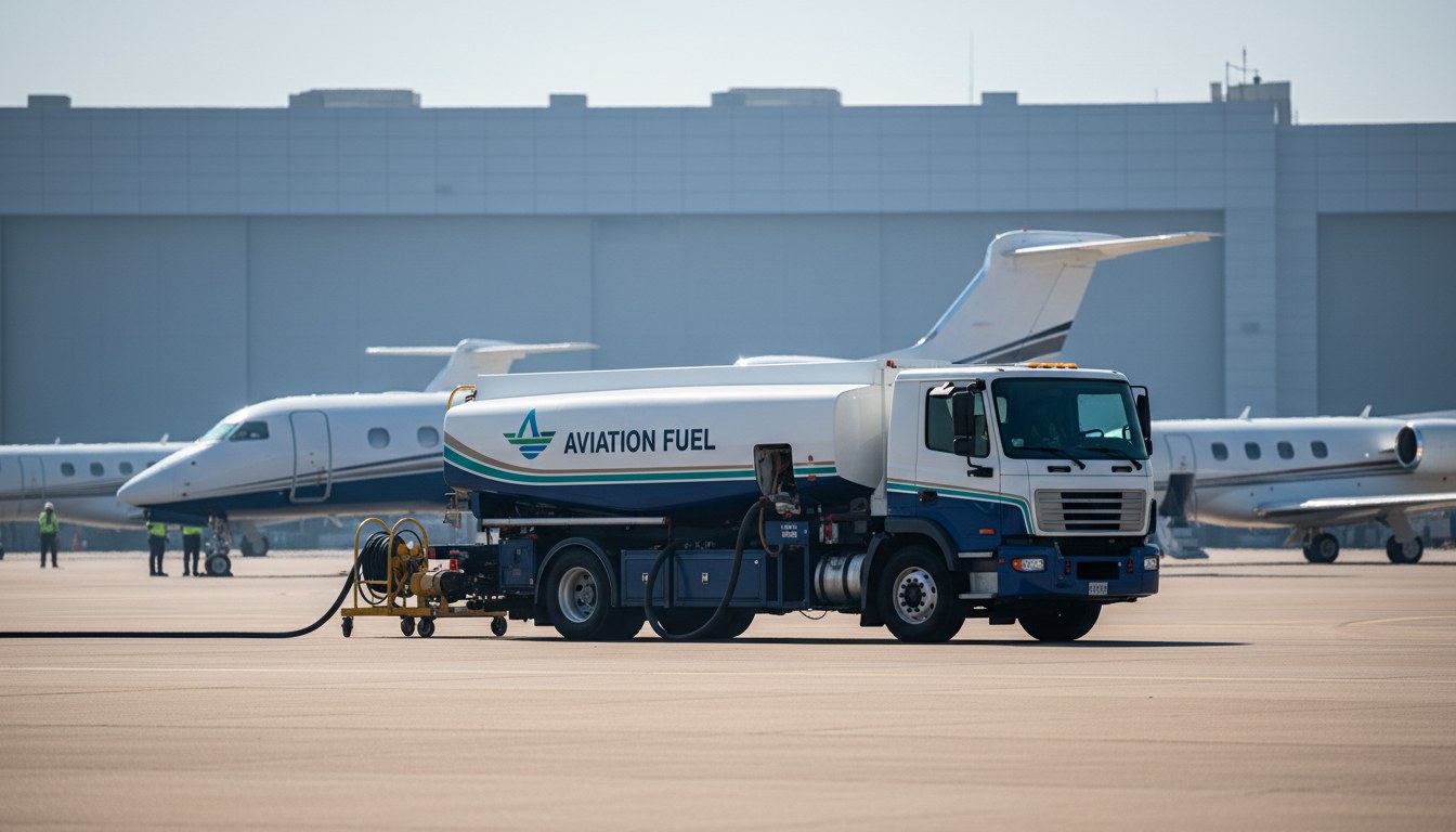 A modern jet fuel truck stands on a bustling airport ramp, its nozzle disconnected, suggesting fuel is available but its cost obscured. Several business jets are parked in the back