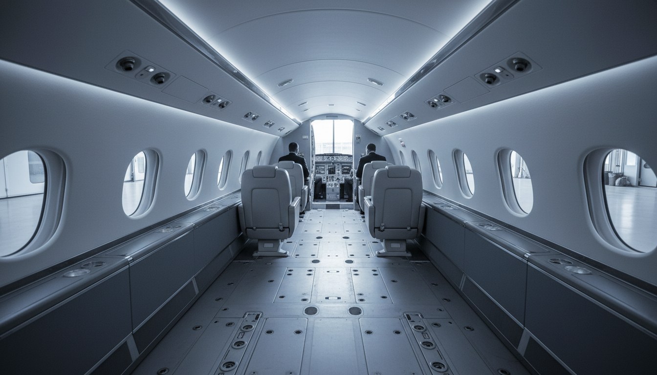 Interior shot of a large, empty private jet cabin, showing only a few seats near the cockpit and long stretches of bare floor, with two pilots visible in the cockpit.