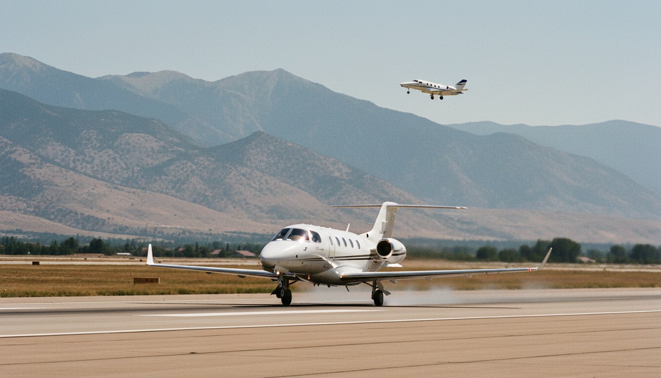 A Phenom 300E light jet visibly struggling on a long take-off roll at a high-altitude airport, still on the runway surface while a different model of light jet is already clearly a