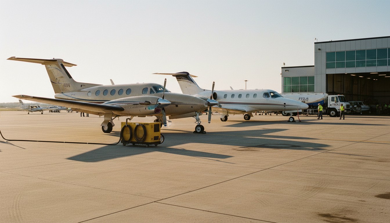 A King Air 350 turboprop and a Citation CJ4 business jet share a busy airport ramp, illuminated by late afternoon sun. Ground support equipment is visible in the background.