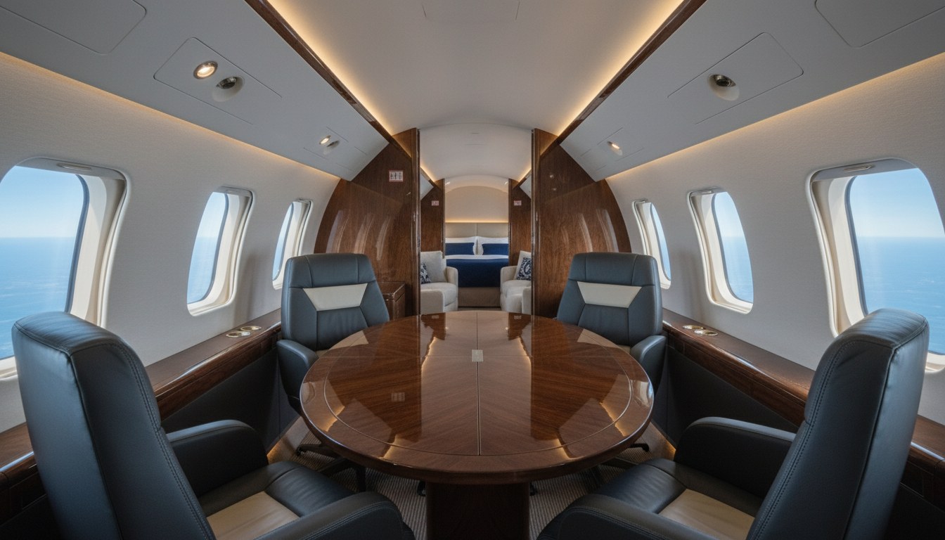 An interior shot of a luxurious, highly customized business jet cabin during a daytime flight. A large conference table with comfortable chairs dominates the foreground, showcasing