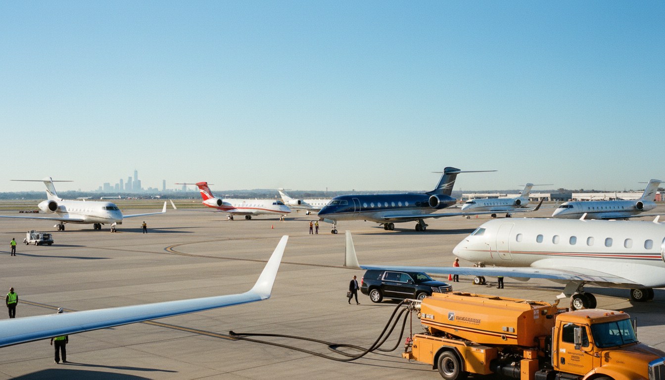 A busy airport tarmac with several private jets, ground crew, and vehicles creating a sense of high activity and congestion under a clear sky.